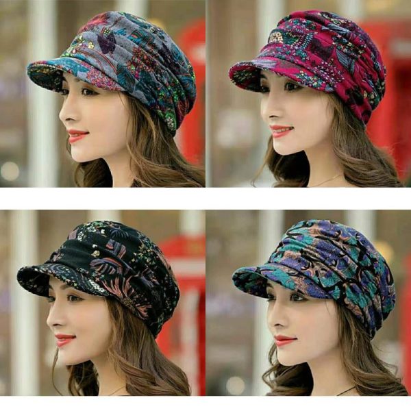 Casquette Fleurie à Bord Court et Plissée Rabatt